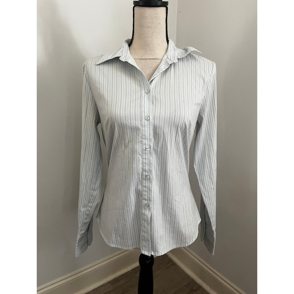 Blue Pinstripe Button Down Shirt sz 6 Long Sleeve Office Chic Minimalist Preppy